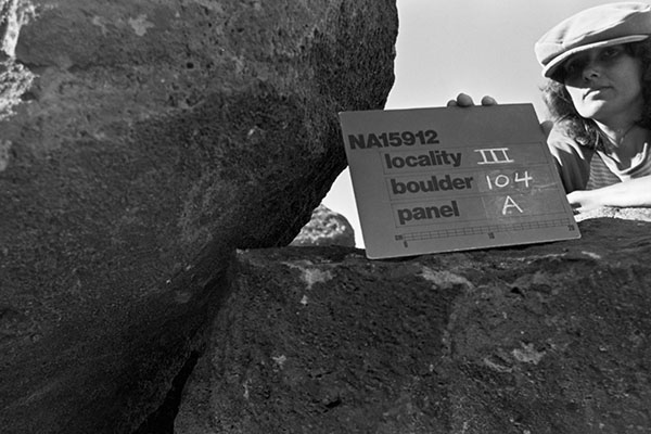 A person holds up a sign reading NA15912, locality 3, boulder 104, panel A