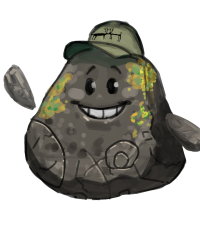 A smiling and waving boulder with petroglyphs and green lichen, wearing a baseball cap with the Kissing Deer petroglyph