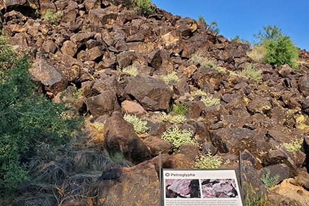 A hill with various rock art and an informational display in front